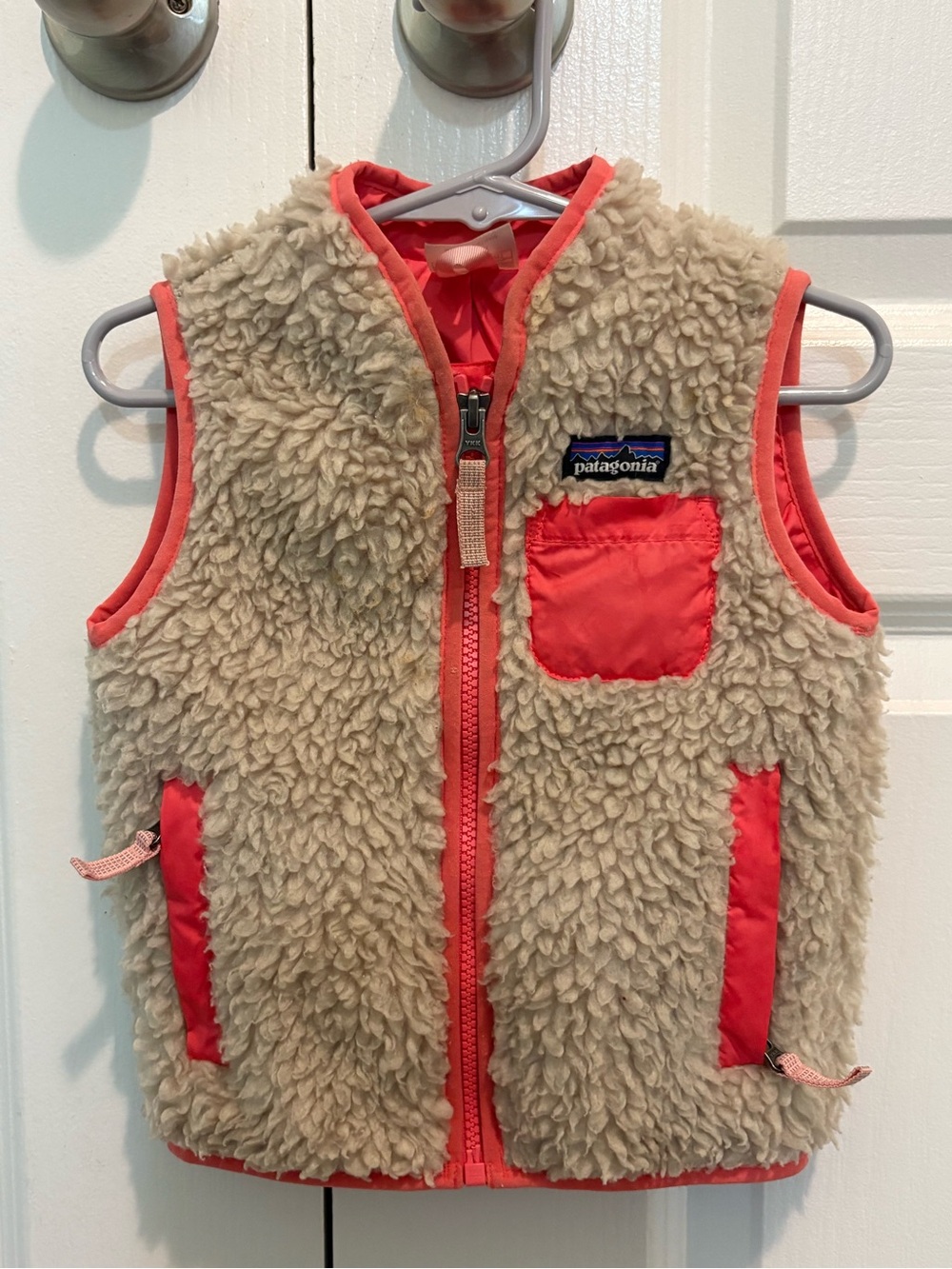 Patagonia Kids Tan Sherpa Vest with Coral Accents